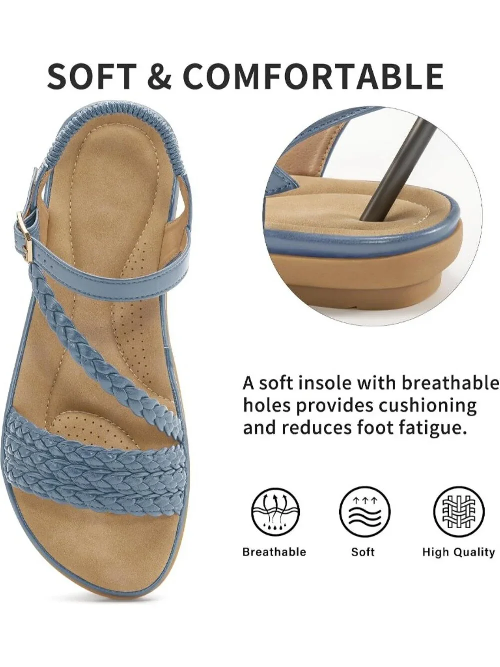 Women's Blue Summer Comfortable Strappy Flats Casual Walking Beach Sandals